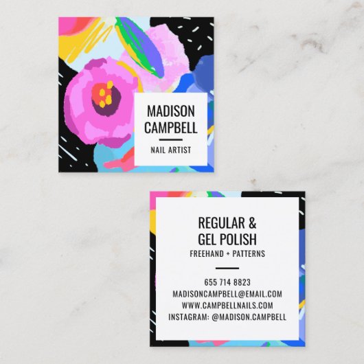 Nagelkunstenaar salon abstracte bloemenpenseelstre vierkante visitekaartje (Voorkant / Achterkant)