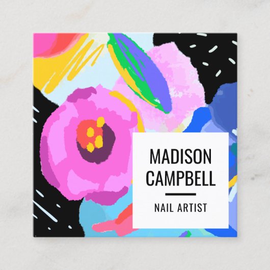 Nagelkunstenaar salon abstracte bloemenpenseelstre vierkante visitekaartje (Voorkant)