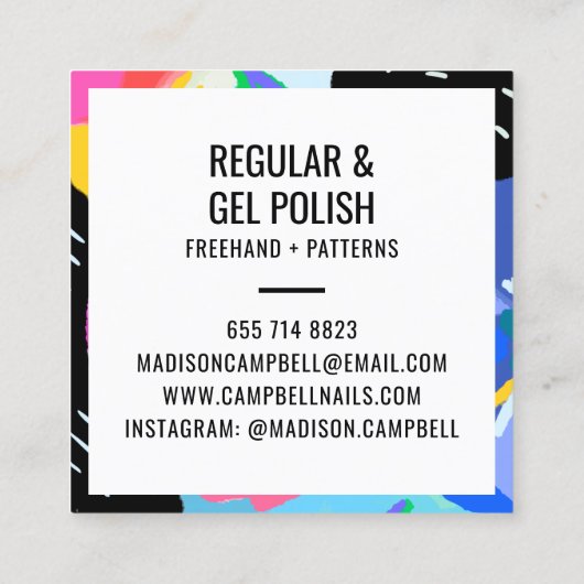 Nagelkunstenaar salon abstracte bloemenpenseelstre vierkante visitekaartje (Achterkant)