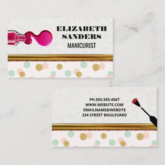 Nagellak en borstel | stip van de polka | Gouden r Visitekaartje (Voorkant / Achterkant)
