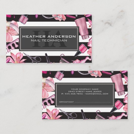 Nagellak Manicure Tools | Monogram en Strepen Afsprakenkaartje (Voorkant / Achterkant)