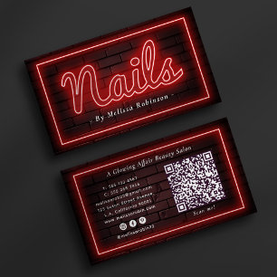 Nagels Manicuriste Rode Neon & Bakstenen Muur QR C Visitekaartje
