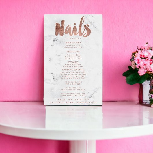 Nagels prijslijst typografie roze goud wit marmer poster