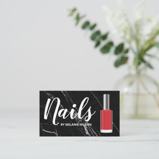 nagels | Rode Nail Poolse fles | Zwarte marmer Visitekaartje (Staand voorkant)