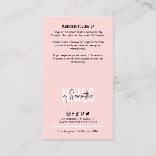 Nagels Verzorging Instructies Vrouwelijk Roze Mani Visitekaartje (Achterkant)