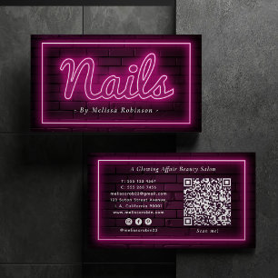 Nagelsalon Artiest Roze Neon & Bakstenen Muur QR C Visitekaartje