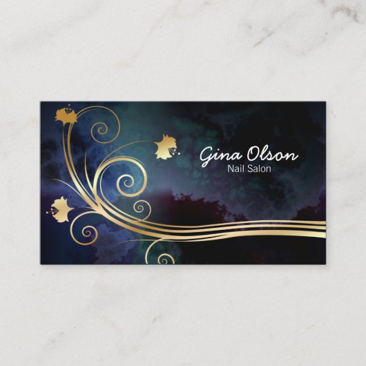 Nagelsalon Beauty Mode Stijl Gouden Bloemen Swirl Visitekaartje (Voorkant)