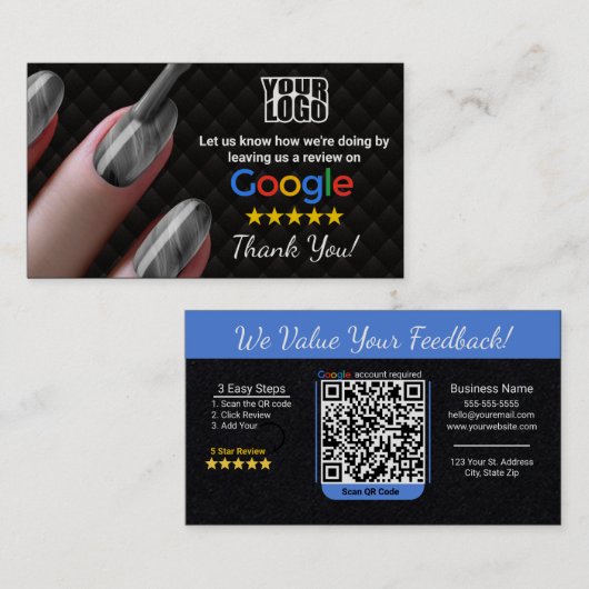 Nagelsalon Google Review Kaart Sjabloon met QR Visitekaartje (Voorkant / Achterkant)
