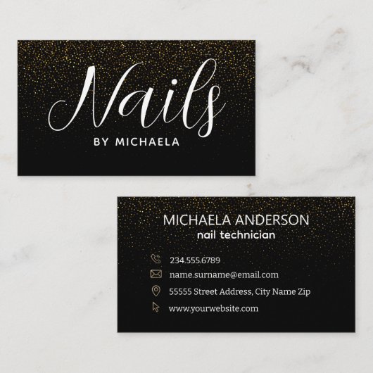 Nagelsalon Modern Zwart Goud Glitter Visitekaartje (Voorkant / Achterkant)
