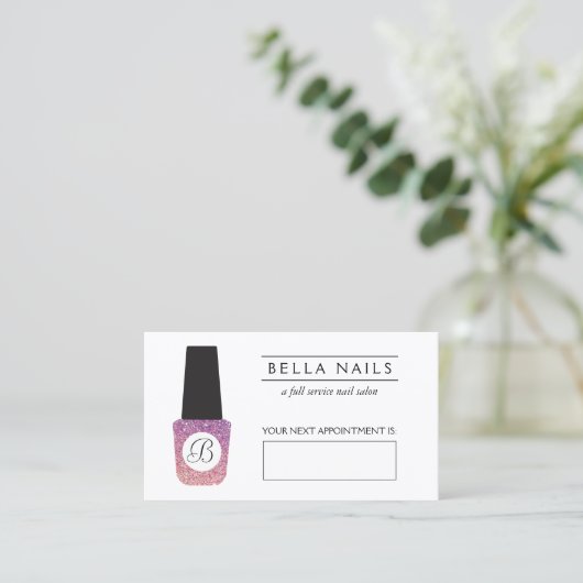 Nagelsalon Monogram Paarse Glitter Afspraak Afsprakenkaartje (Staand voorkant)