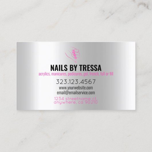 Nagelsalon Platina, iriserend + Hot Pink Glitter Visitekaartje (Achterkant)