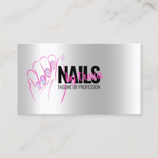 Nagelsalon Platina, iriserend + Hot Pink Glitter Visitekaartje (Voorkant)