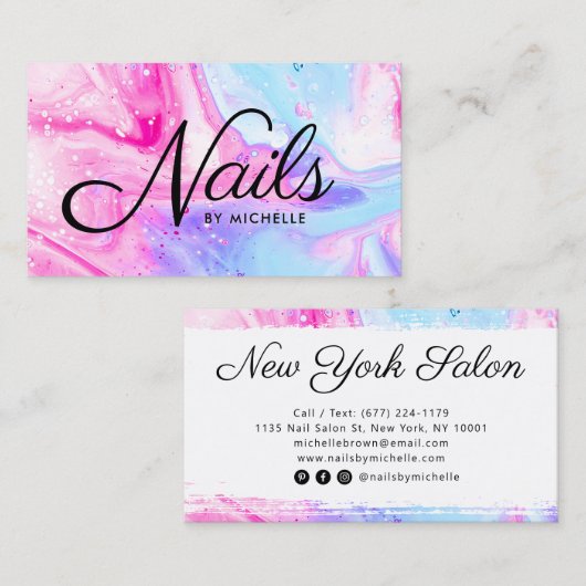 Nagelsalon roze blauw girly abstracte waterverf ku visitekaartje (Voorkant / Achterkant)