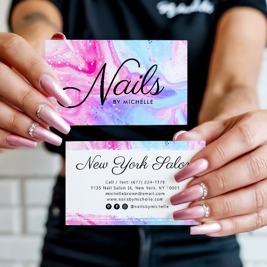 Nagelsalon roze blauw girly abstracte waterverf ku visitekaartje
