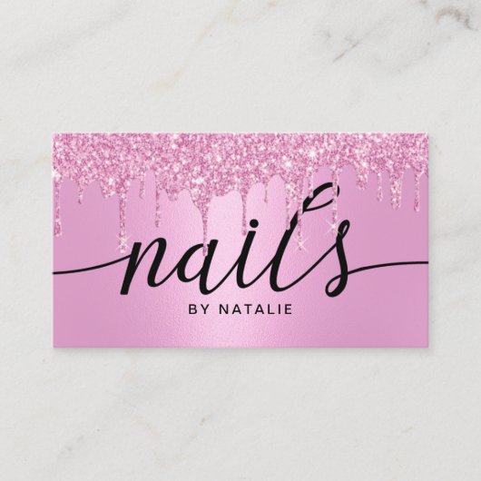 Nagelsalon Roze Glitter Drips Typografie Manicure Visitekaartje (Voorkant)