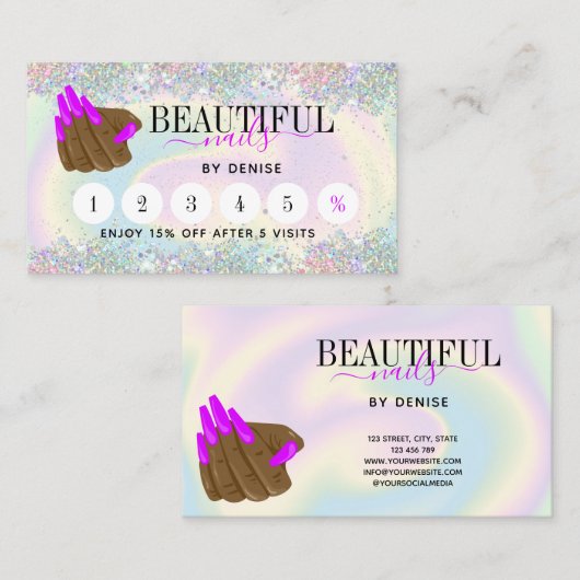 Nagelsalon Vrouw Hand Nagel Technicus Holografisch Visitekaartje (Voorkant / Achterkant)