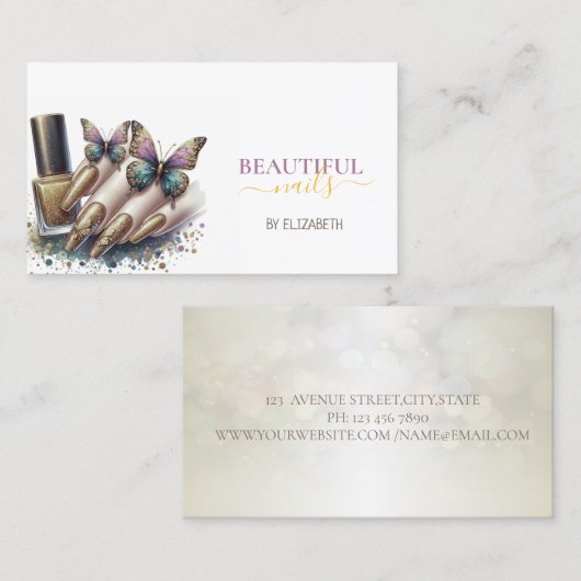 Nagelsalon Vrouw Hand nagels Vlinder Visitekaartje (Voorkant / Achterkant)