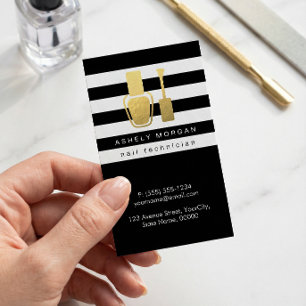 Nagelstyliste Gouden Nagellak Fles B&W Strepen Visitekaartje