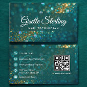 Nageltechnicus Blauwgroen Gold Glitter QR Code Lux Visitekaartje