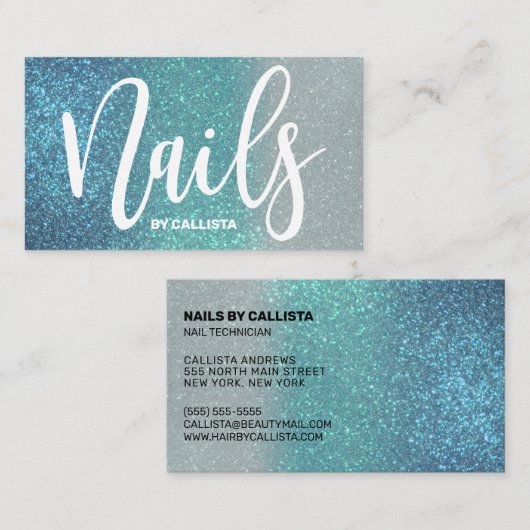Nageltechnicus Cerulean Blue Blauwgroen drievoudig Visitekaartje (Voorkant / Achterkant)