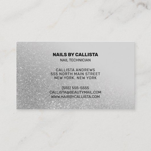 Nageltechnicus grijs zilveren glitter typografie visitekaartje (Achterkant)