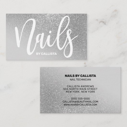 Nageltechnicus grijs zilveren glitter typografie visitekaartje (Voorkant / Achterkant)