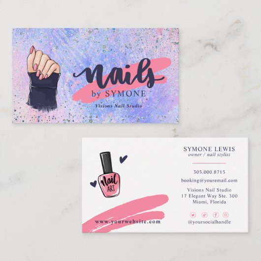 Nageltechnicus Holographic Glitter Pink and Blue Visitekaartje (Voorkant / Achterkant)
