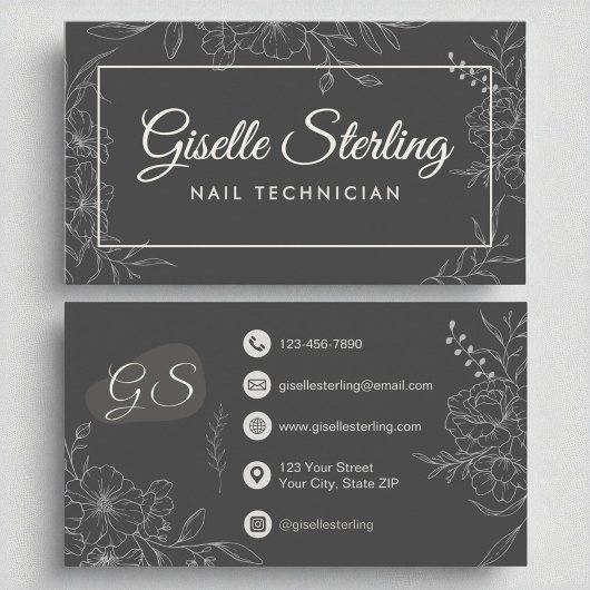 Nageltechnicus Moody Houtskool Grijs Bloemen Moder Visitekaartje