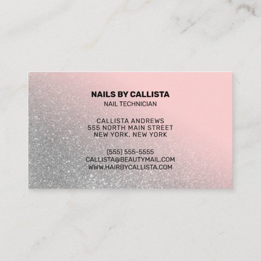 Nageltechnicus Pink Silver Glitter Typografie Visitekaartje (Achterkant)