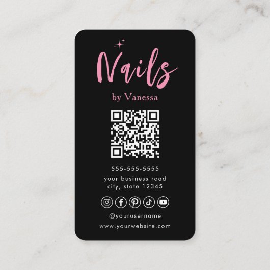 Nageltechnicus QR Code Nails Art Salon Zwart Roze Visitekaartje (Achterkant)