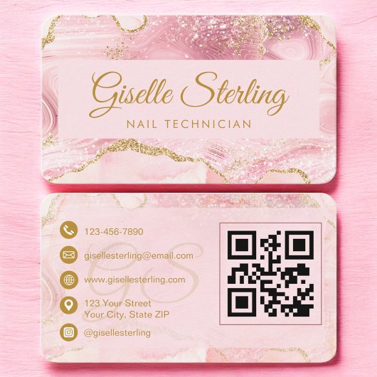 Nageltechnicus Roze Goud Agaat QR-code Visitekaartje