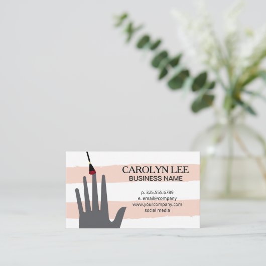 Nageltechnicus |  roze witte strepen visitekaartje (Staand voorkant)