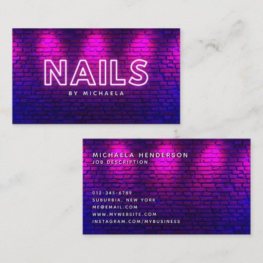 Nageltechnicus/Salon Modern Roze Neon & Bricks Visitekaartje (Voorkant / Achterkant)