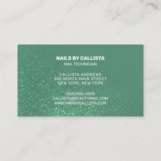 Nageltechnicus Zeemeermin Blauwgroen Glitter Typog Visitekaartje (Achterkant)