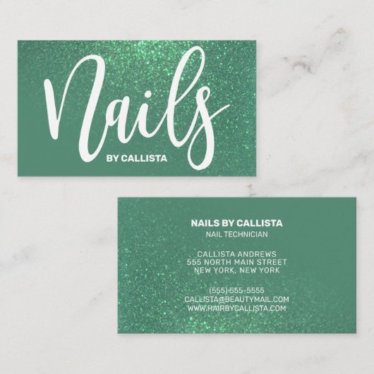 Nageltechnicus Zeemeermin Blauwgroen Glitter Typog Visitekaartje (Voorkant / Achterkant)