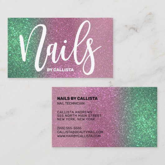 Nageltechnicus zeemeermin groen roze drievoudige g visitekaartje (Voorkant / Achterkant)