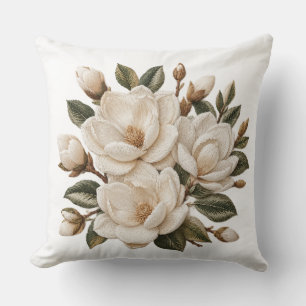Nagemaakte 3D geborduurde witte magnolia-illustrat Kussen