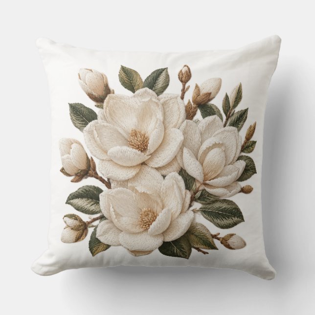 Nagemaakte 3D geborduurde witte magnolia-illustrat Kussen (Voorkant)
