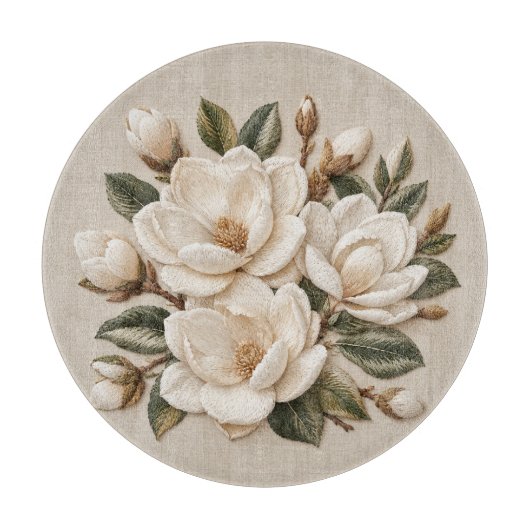 Nagemaakte 3D geborduurde witte magnolia-illustrat Snijplank (Voorkant)
