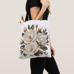 Nagemaakte 3D geborduurde witte magnolia-illustrat Tote Bag