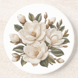 Nagemaakte 3D geborduurde witte magnolia-illustrat Zandsteen Onderzetter