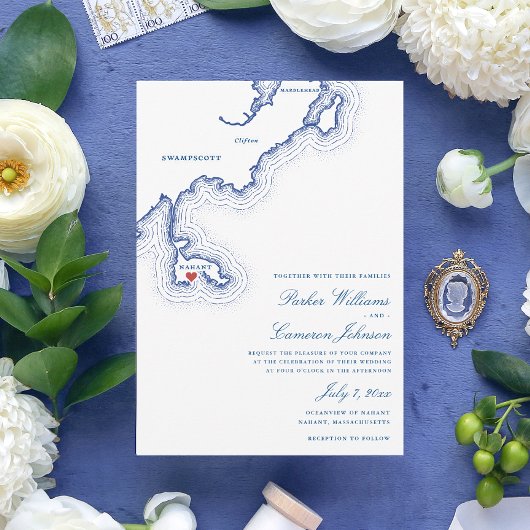 Nahant MA Kaart Elegante Navy Blue Wedding