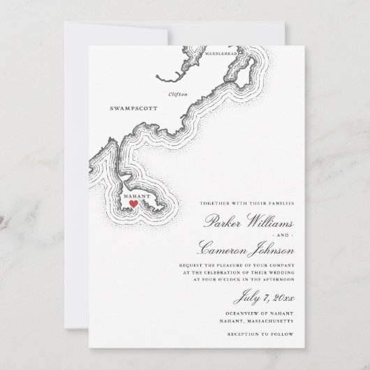 Nahant MA Kaart Elegante Zwart-wit bruiloft (Voorkant)