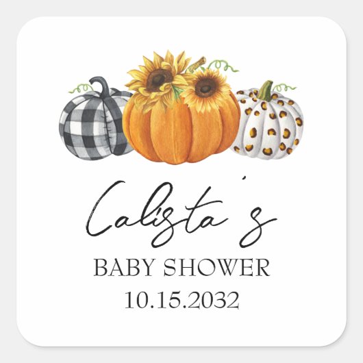 Naherfst Baby shower Pumpkin & Sunflower Favors Vierkante Sticker (Voorkant)