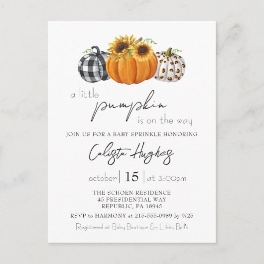 Naherfst Little Pumpkin Sunflower Baby Sprinkle Briefkaart (Voorkant)