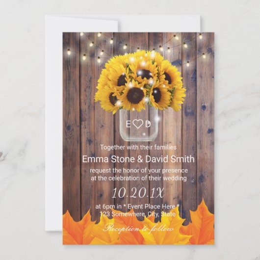 Naherfst Sunflower Jar String Lights Rustic Weddin Kaart (Voorkant)