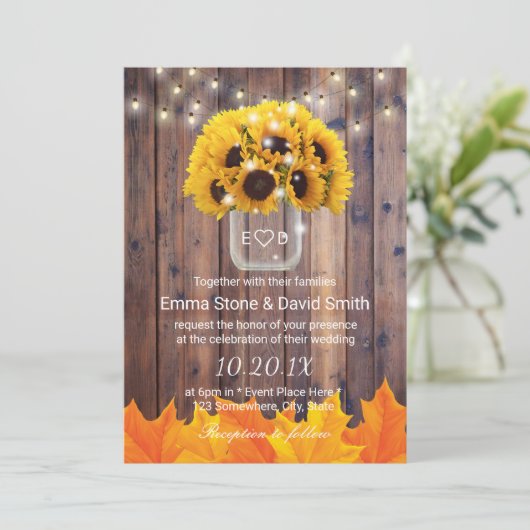 Naherfst Sunflower Jar String Lights Rustic Weddin Kaart (Staand voorkant)