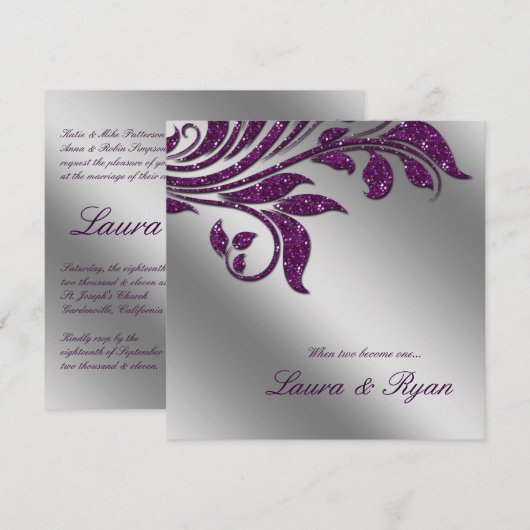 Naherfst Wedding Noite Sparkle Leaf Paarse Silver Kaart (Voorkant / Achterkant)