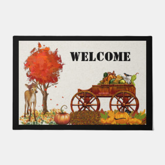 Naherfst: Welkom deur Mat met Wooden Wagon en Deer