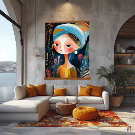 Naïef Abstract Meisje met een Parel: Modern Art Tw Hangend Wandkleed